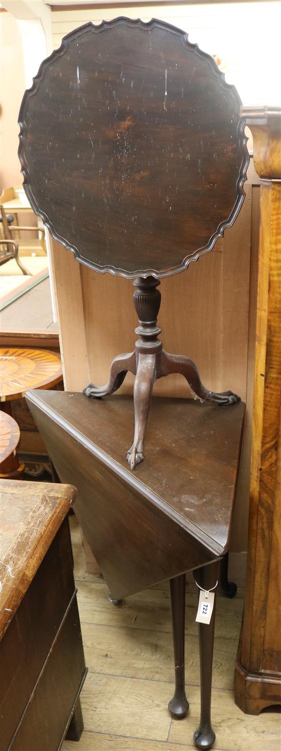 A George III-style mahogany tripod table and triangular drop leaf table W.98 and 61cm